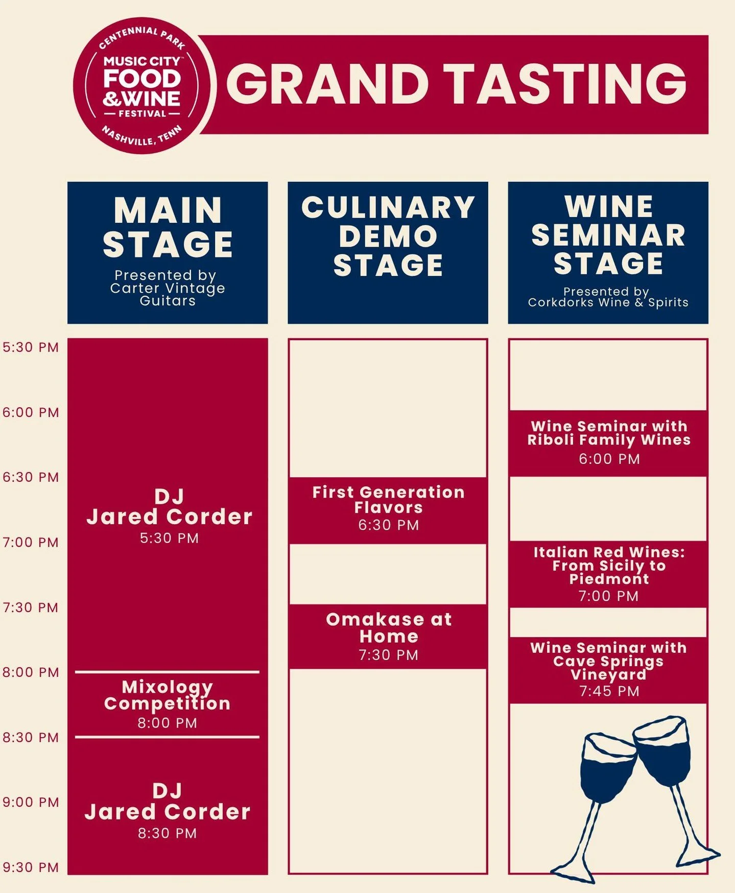 The Grand Tasting is stacked with back to back entertainment all night long! 

DJ Jared Corder will set the tone behind the DJ booth while you sip and sample your way through the night. Over on the Culinary Demo Stage, don&rsquo;t miss the First Gene