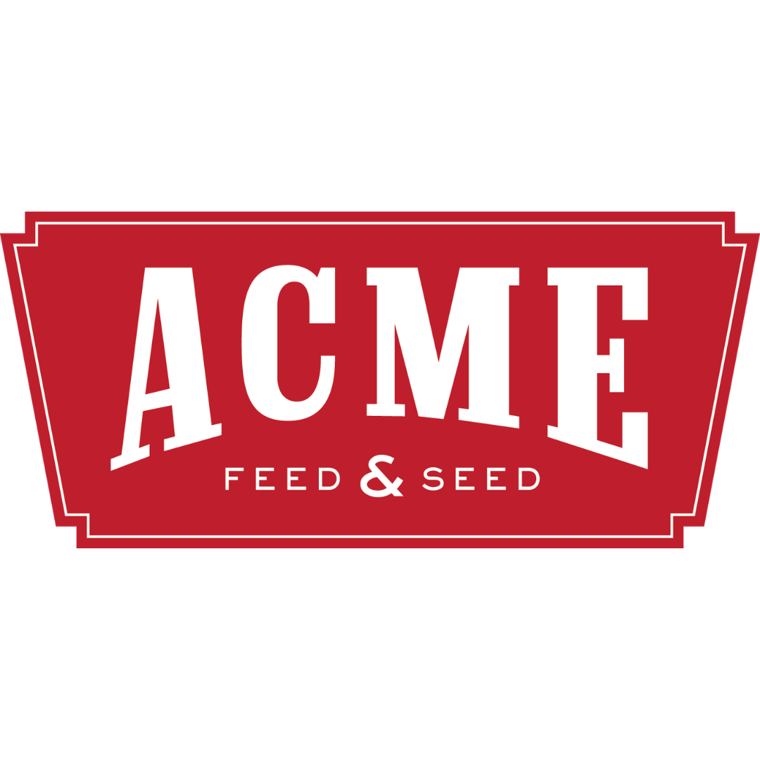 Logo for ACME feed & seed featuring white uppercase letters on a red backdrop with the text "ACME feed & seed". 