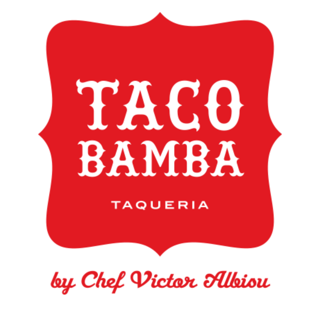 Logo for TACO BAMBA with a stylized western font that reads "TACO BAMBA Taqueria"  against a red pointy rectangle. Followed by the text in red "by Chef Victor Albiou" below. 