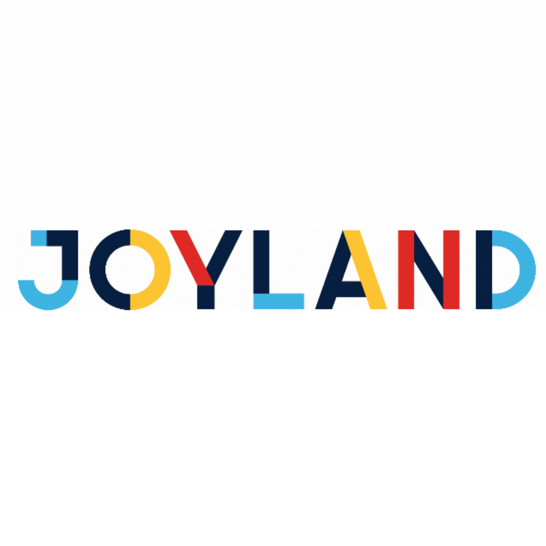Lightblue, Navy, Yellow, and  Red logo for JOYLAND with a stylized font. 