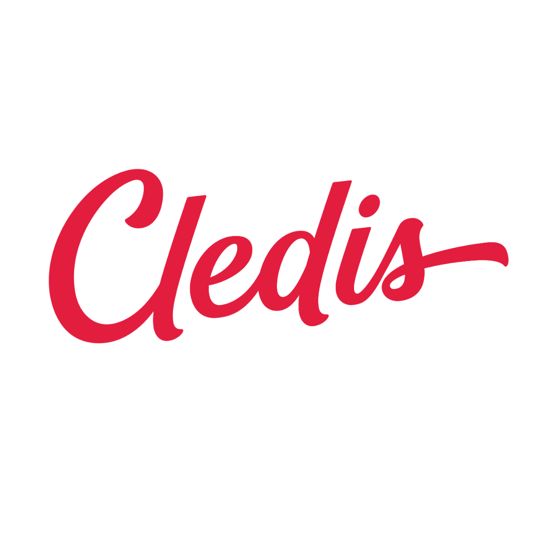Logo for "Cledis" with red serif lettering each point landing on another letter. 