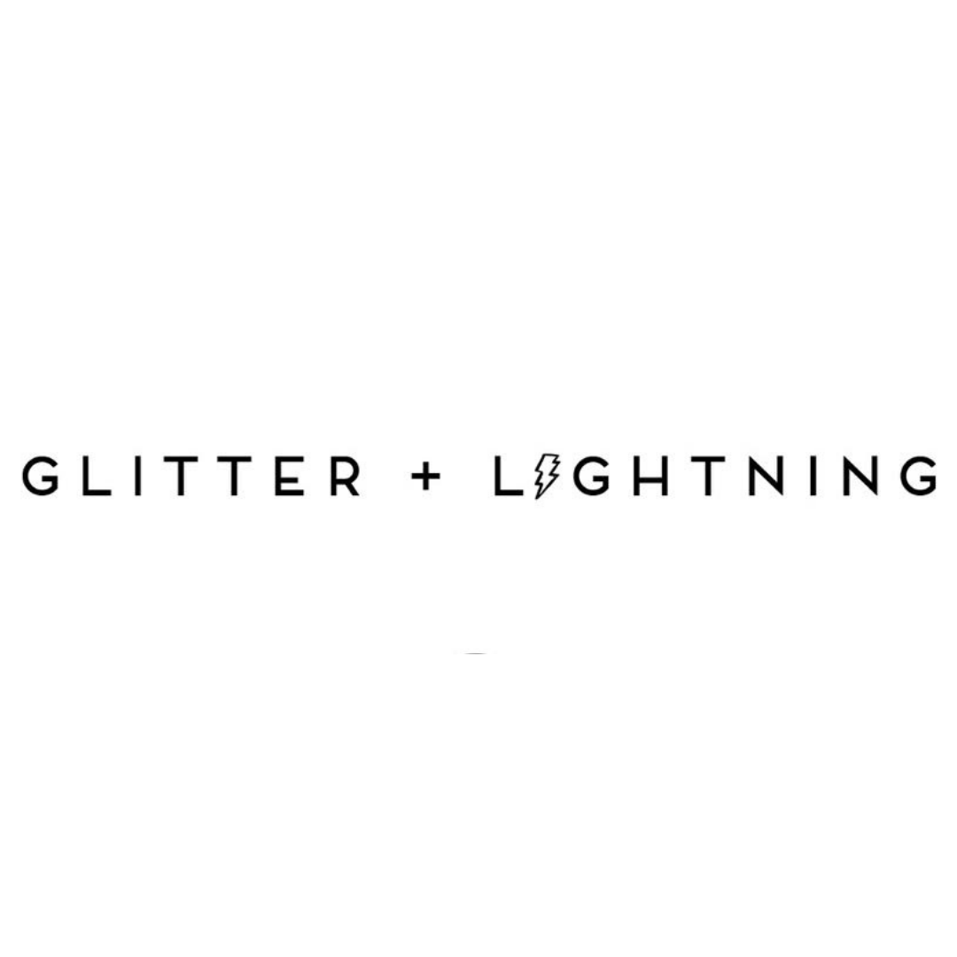 Logo for Glitter + Lightning with the text "Glitter + Lightning" and a lightning bold in replace of the letter I. 