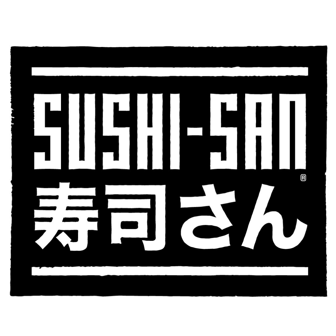 Black and white logo for Sushi-San with Japanese typography 