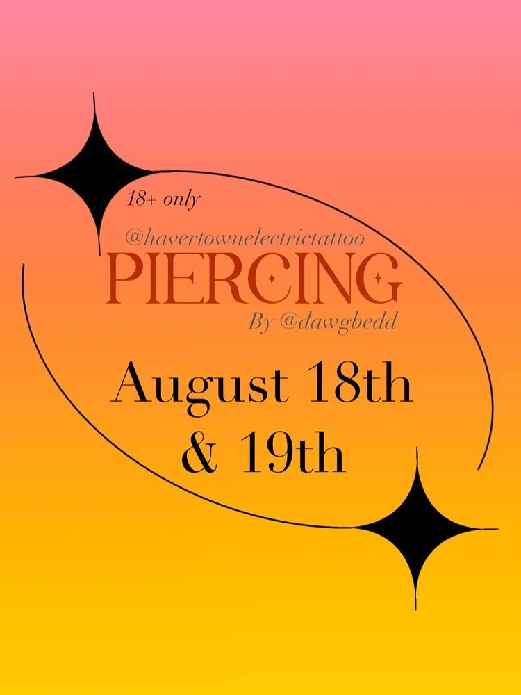 Pop-up Piercing Event Coming August 18 &amp; 19!  Check out @dawgbedd&rsquo;s offerings and get in touch directly to schedule! 

Walk-ins are always welcome! Appointments take priority 😉

#havertown 
#havertownelectrictattoo 
#delco 
#delcotattoosho