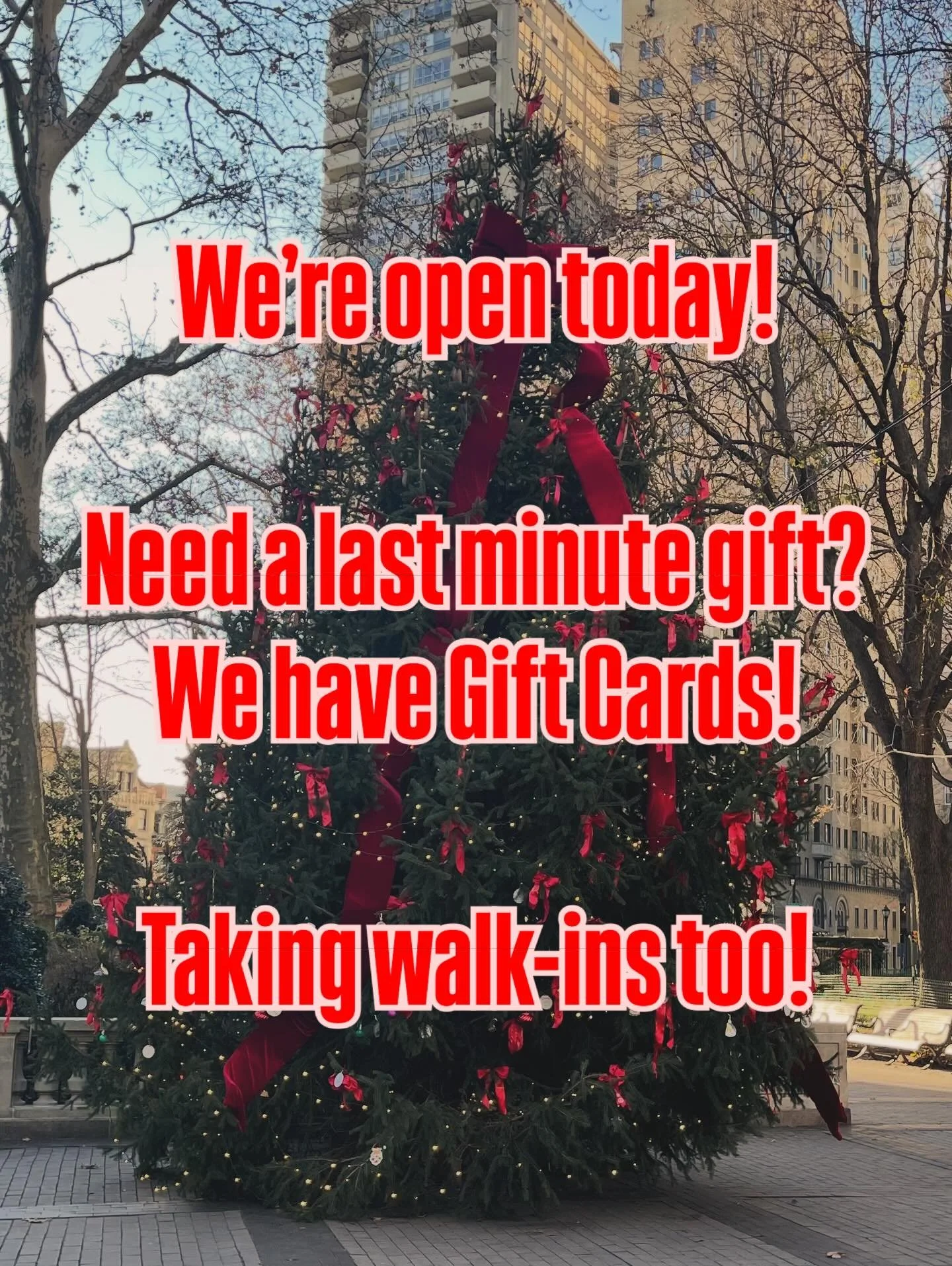 We&rsquo;re open as usual today, Tuesday 12/23!

Need a last minute gift? Give the gift that lasts forever! Gift Cards Available!!!! Today is the last chance before Christmas so be sure to swing by! 🎁🎅

We will be closed to celebrate with our famil
