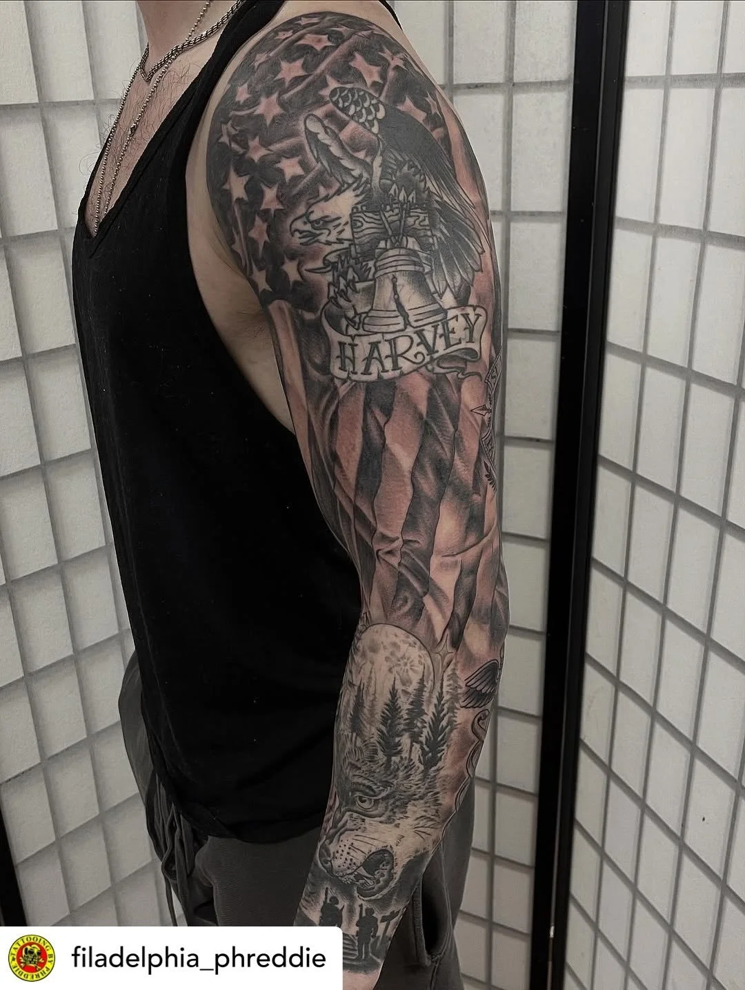 Done by @filadelphia_phreddie All but 3 tattoos done over two back to back days at #havertownelectrictattoo