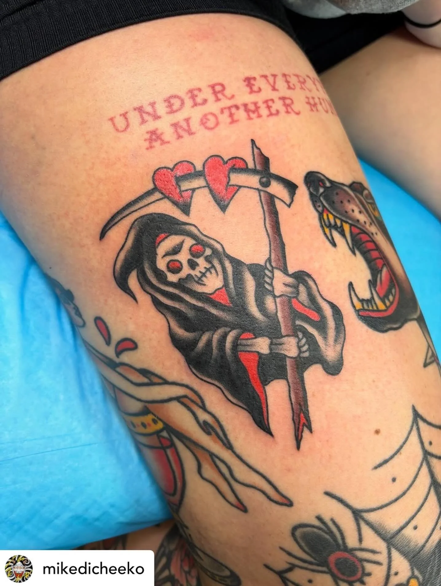 We always have time for tatts! Your idea or ours! Stop by, we are open 7 days a week&hellip;

Reaper by @mikedicheeko done at #havertownelectrictattoo