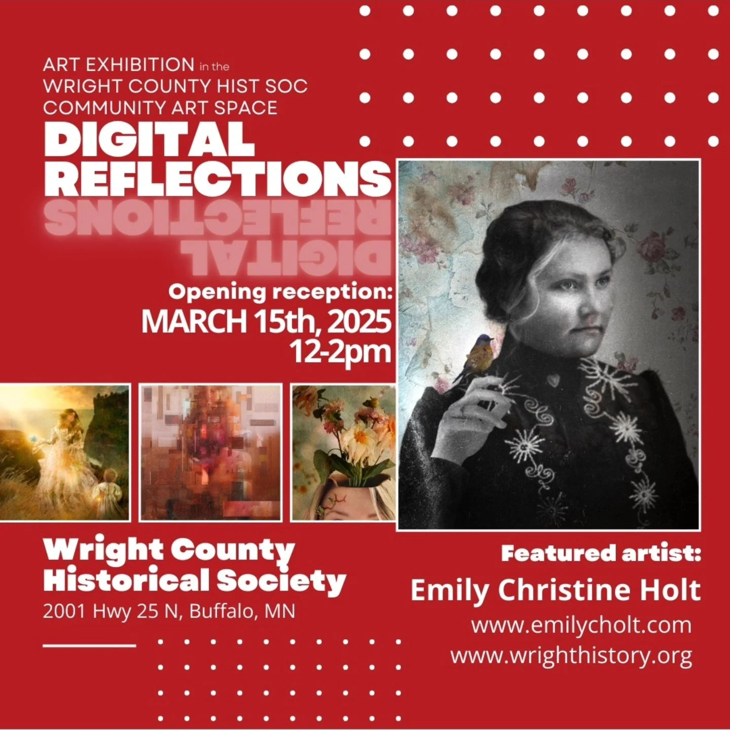 WCHS @wrightcountyhistory will be displaying the digital composite work of Buffalo Art Guild Member, @emilychristinestory 

The open reception is March 15th, 12-2pm and the exhibit is open to the public, free admission, until April 18th.