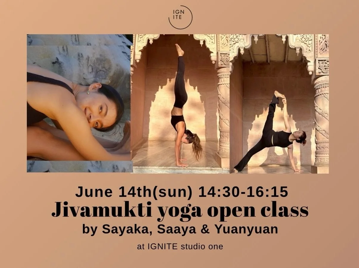 【Exciting news 】
@saisai1013 @yuanyuan.yoga と一緒に6月14日(日)14:30-16:15 Jivamukti yoga WSを @igniteliving で開催！スペシャルな機会に感謝しています🌸

Jivamukti yogaをシェア出来る事とインドで共に１ヶ月間ハードなトレーニングを乗り越えた2人と日本で再会出来る事がとても楽しみです☺️🤍

私が九州から上京したばかりの時に足を運んだ事があるこの場所で、次はティーチャーの立場として、スタジ