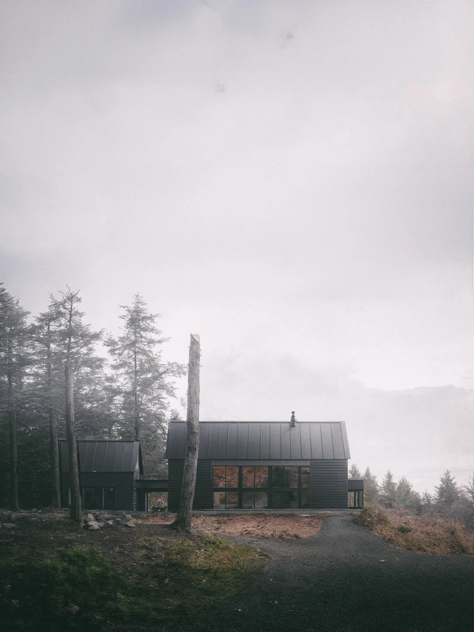 Maison moderne noire dans un environnement forestier sous un ciel nuageux