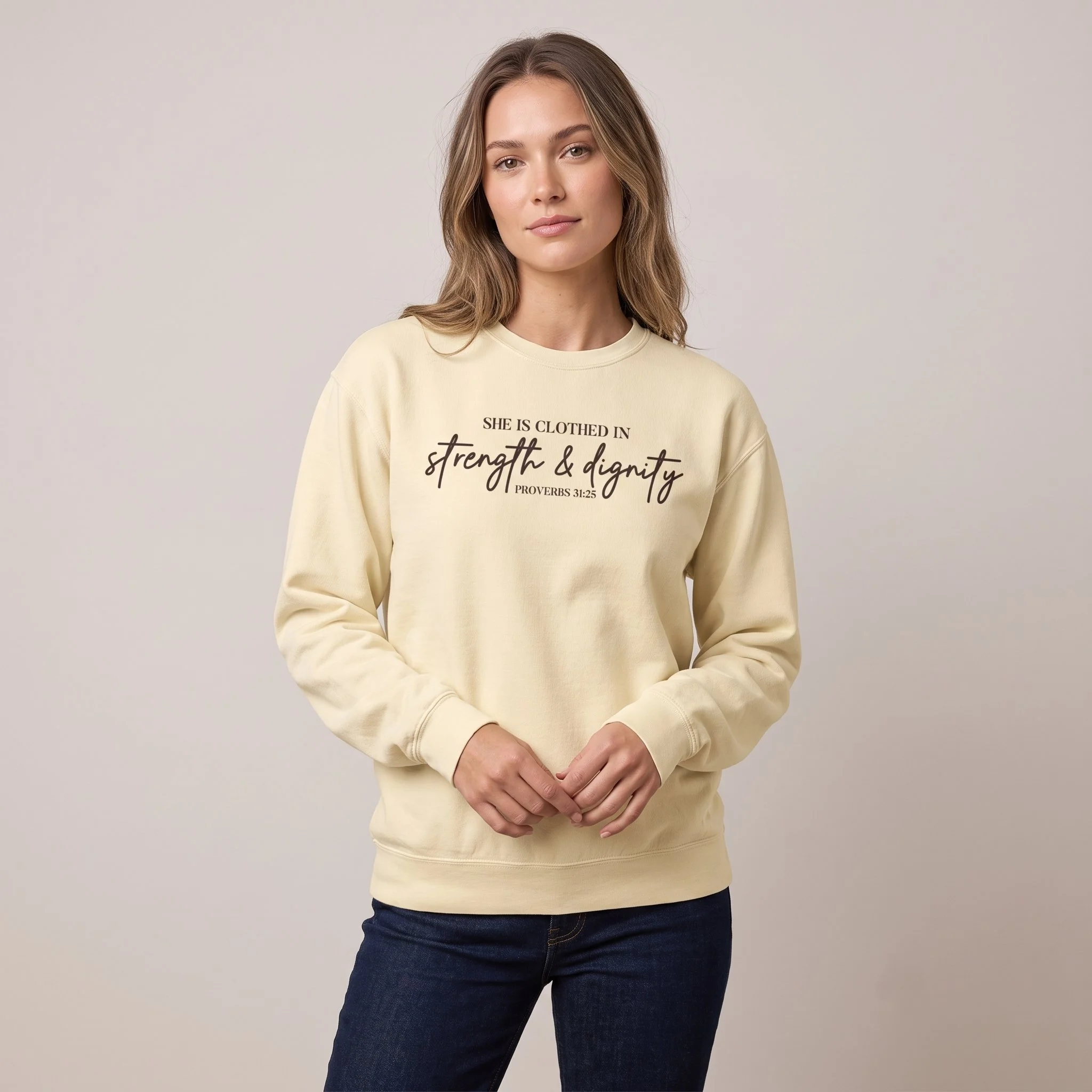 "She Is Clothed in Strength & Dignity" Comfort Colors Sweatshirt