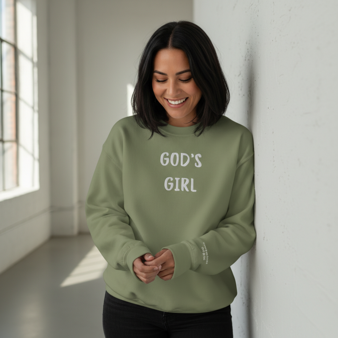 "God's Girl" Embroidered Sweatshirt | Galatians 3:26 Cuff Detail