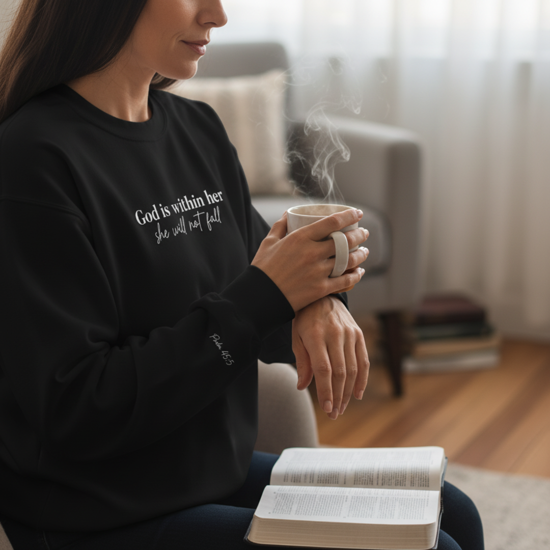 God Is Within Her, She Will Not Fall Sweatshirt | Psalm 46:5 On Sleeve