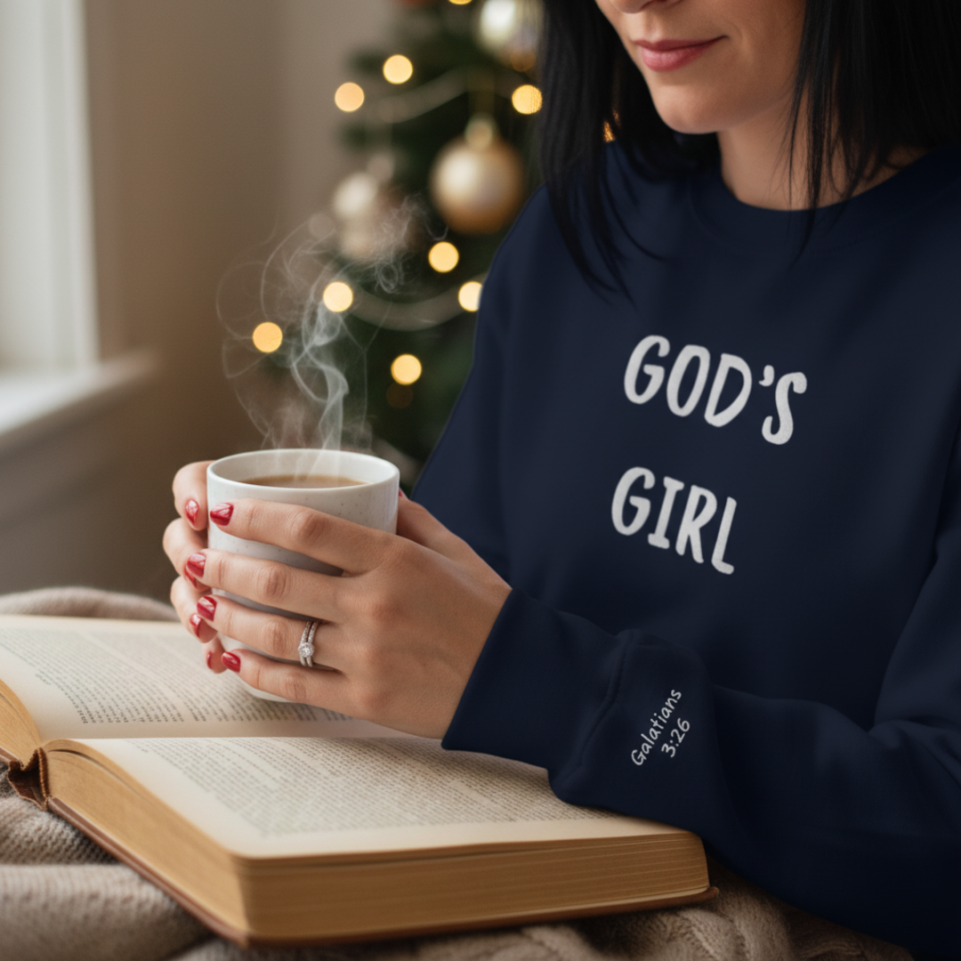 "God's Girl" Embroidered Sweatshirt | Galatians 3:26 Cuff Detail