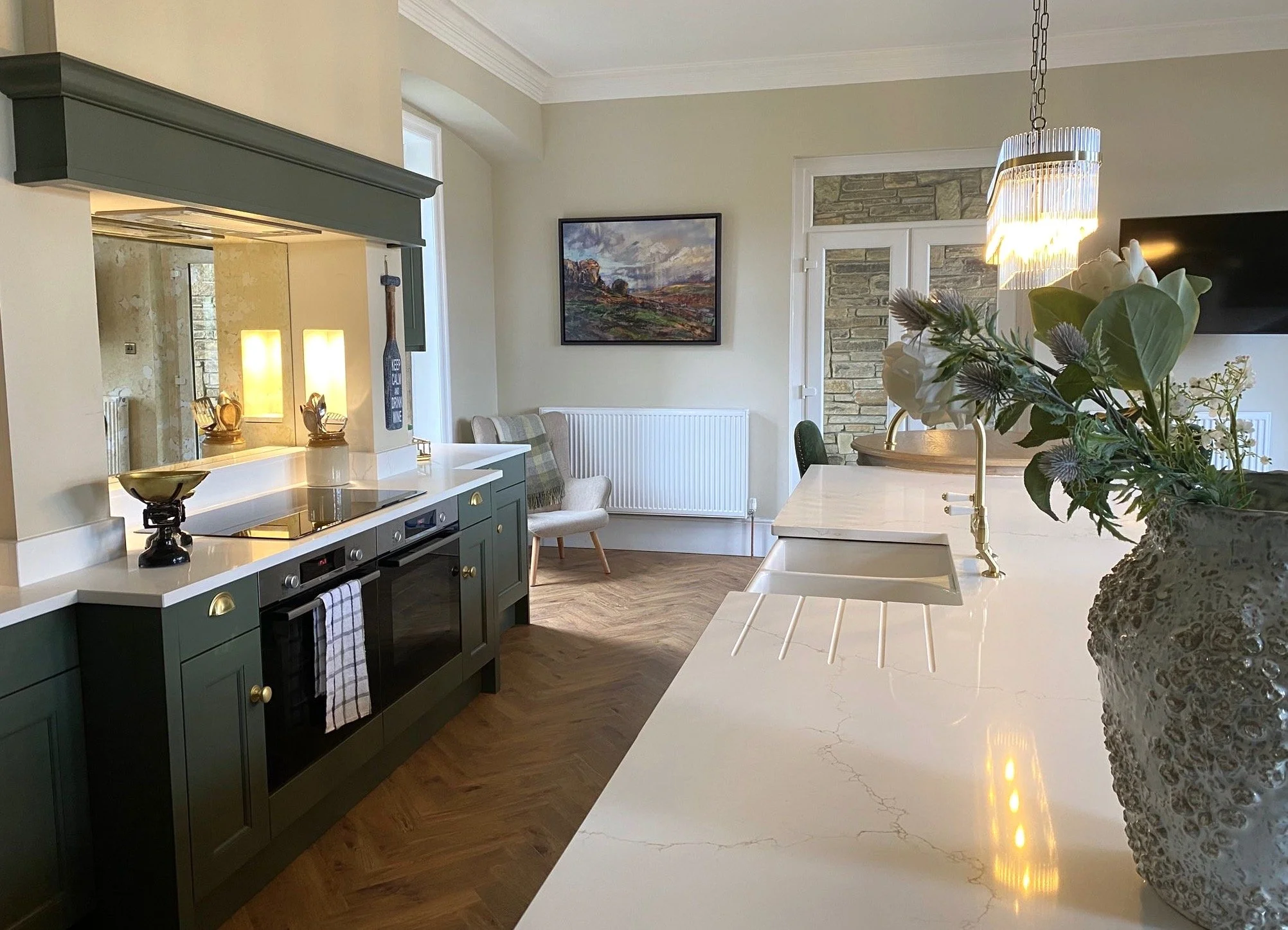 Kitchen view looking towards doors