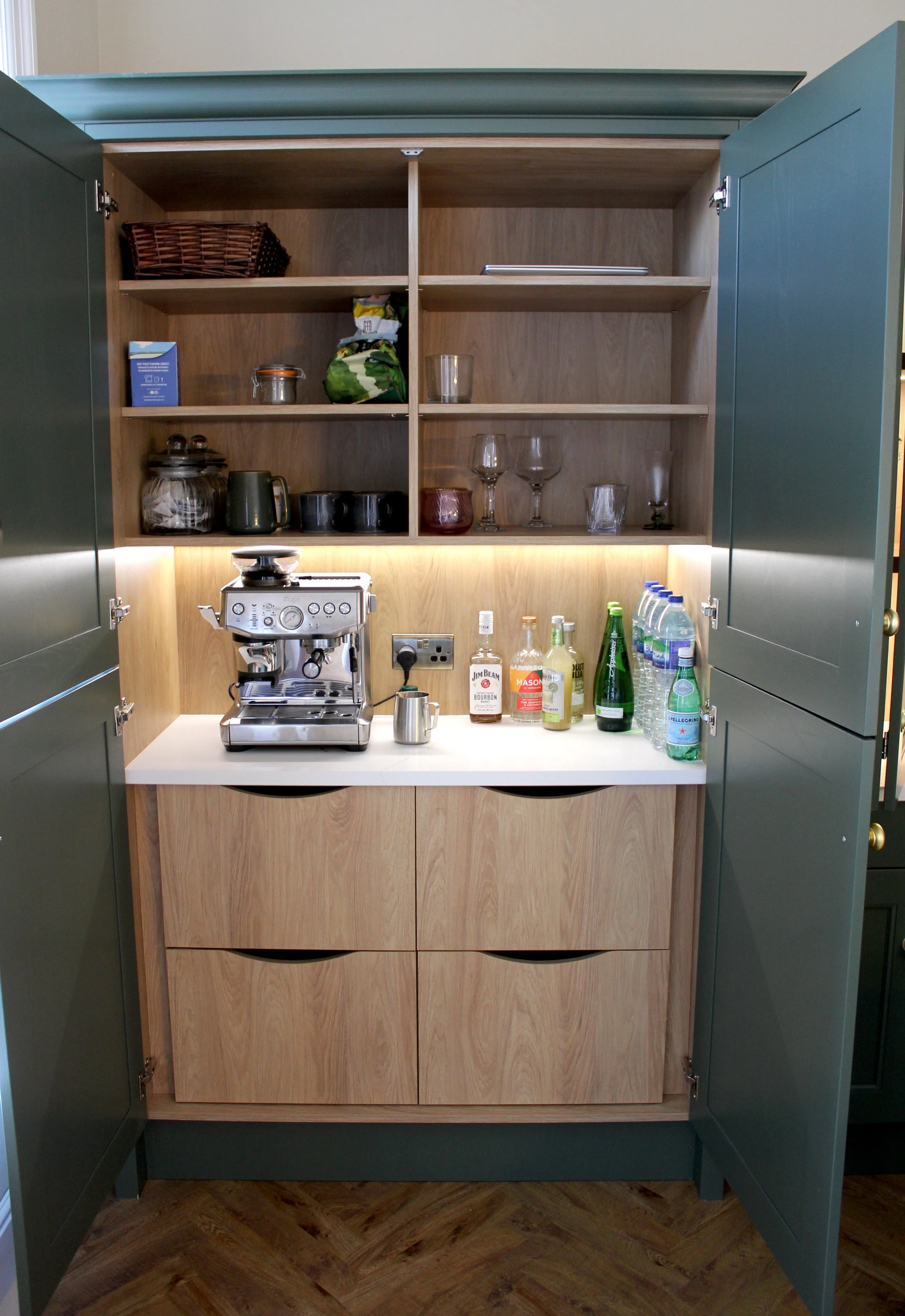 Large storage cabinet and coffee making area