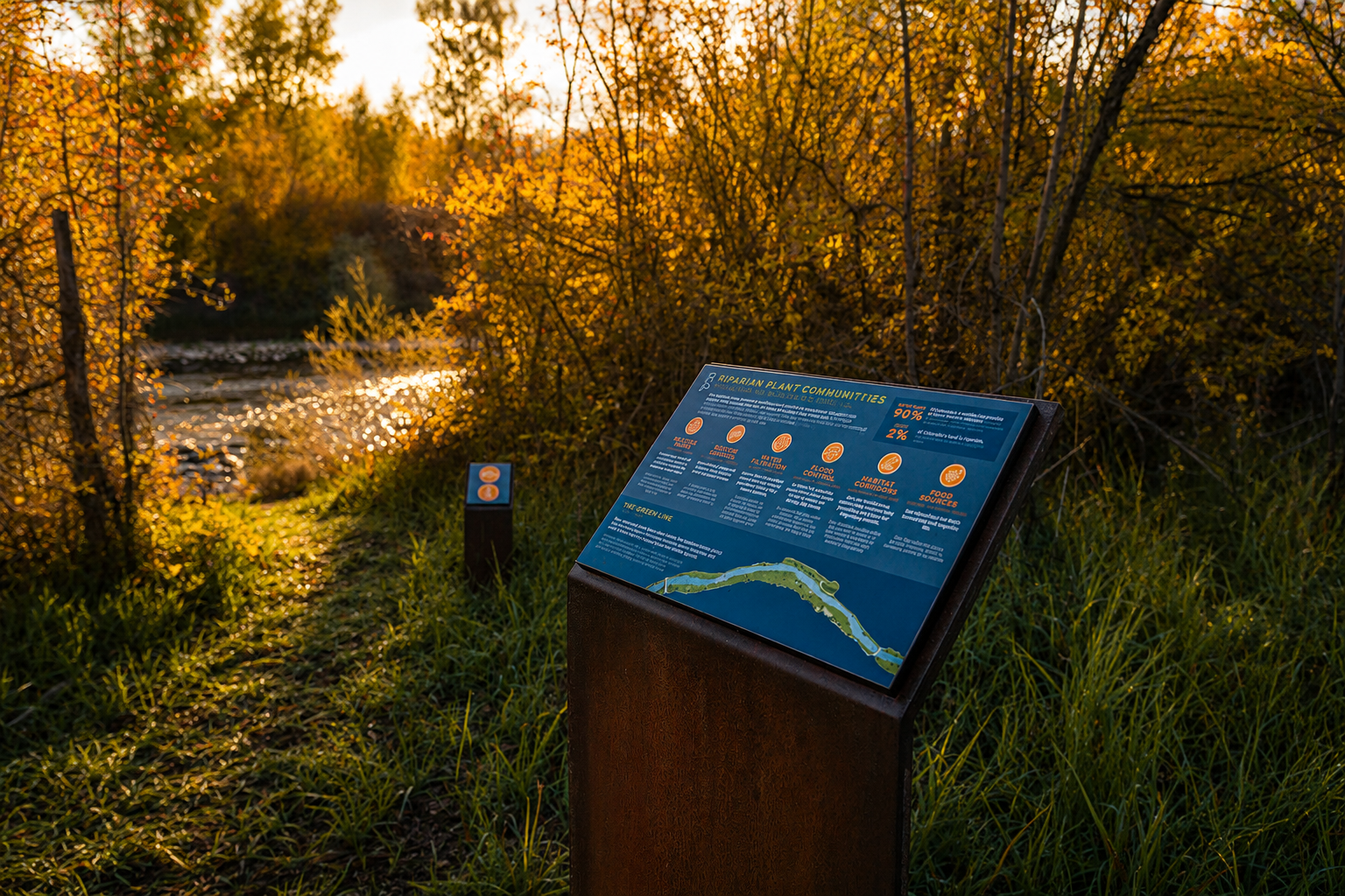 Riparian Plant Communities interpretive sign with river corridor map, Crystal River trail, Carbondale, Colorado.

A corten steel sign titled "Riparian Plant Communities" stands in streamside shrubs along the Crystal River in Carbondale, Colorado, fea