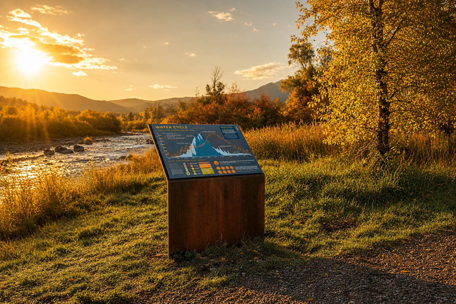 Water Cycle interpretive sign explaining hydrology along the Crystal River trail, Carbondale, Colorado.

A corten steel panel titled "Water Cycle" stands along the Crystal River trail in Carbondale, Colorado, illustrating snowmelt and streamflow patt