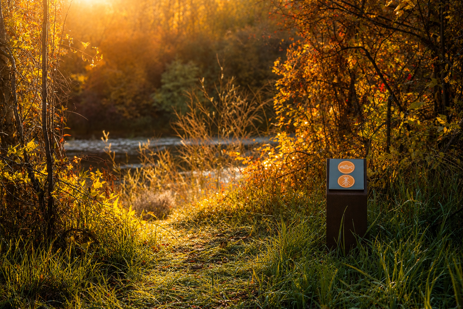 Trailside interpretive sign with fish and aquatic insect icons along the Crystal River, Carbondale, Colorado, at golden hour.

A dark corten steel interpretive marker stands beside the Crystal River trail in Carbondale, Colorado, its face displaying 
