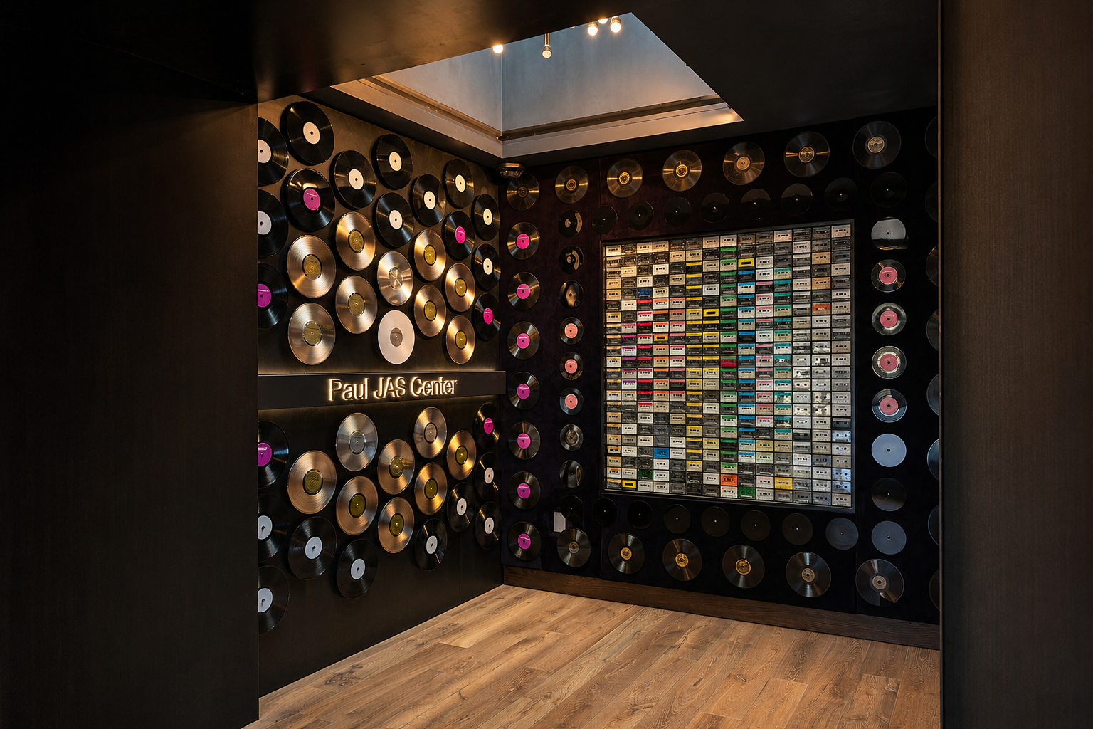 Gold and platinum record wall with vintage cassette tape display at the Paul JAS Center Caption: Detail view of the Paul JAS Center's music-history donor wall, combining mounted gold and platinum records with a grid of vintage cassette tapes beneath 