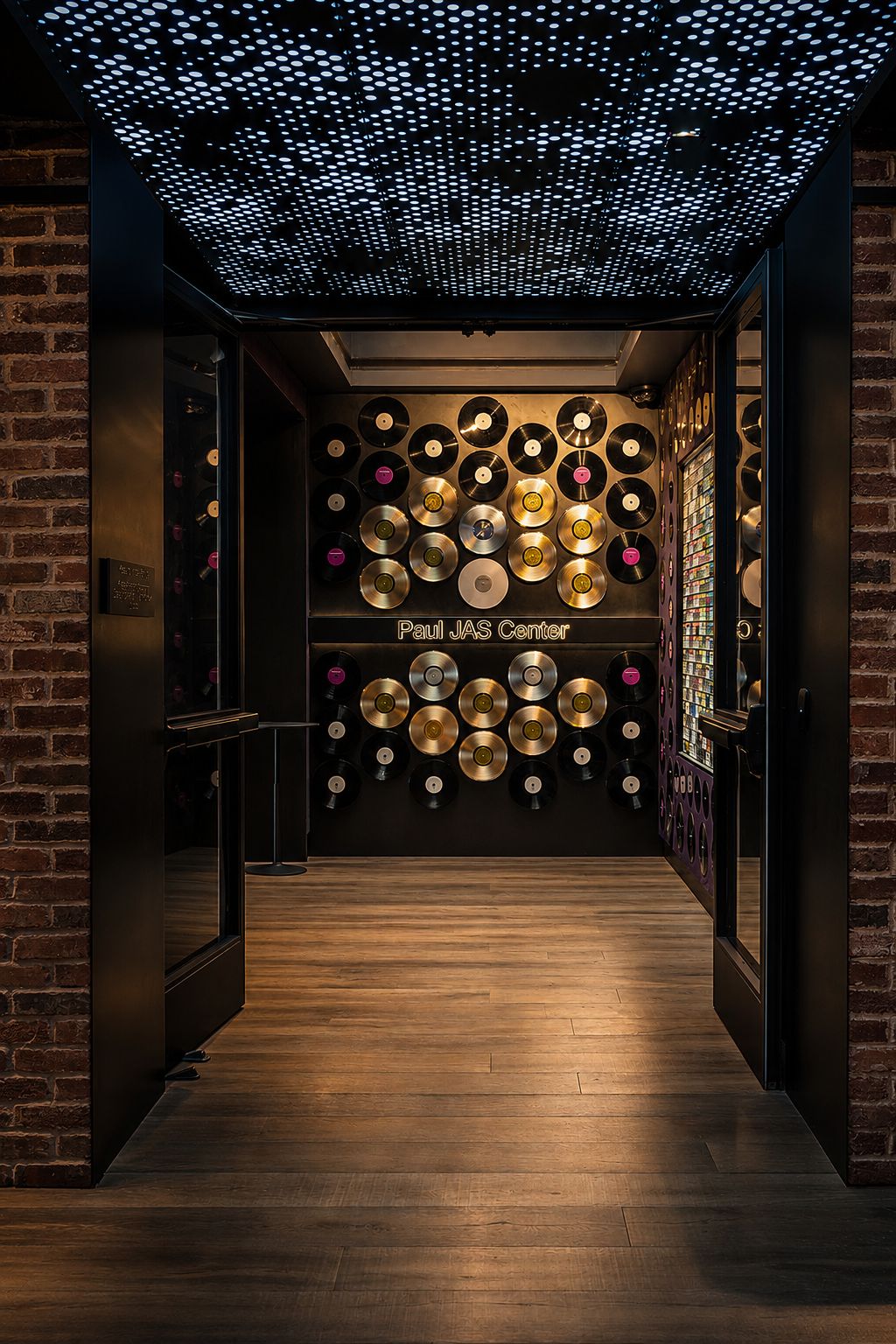 Entry hallway at the Paul JAS Center with illuminated dot-pattern ceiling and gold record donor wall Caption: Entrance to the Paul JAS Center's donor recognition room, featuring a dot-matrix illuminated ceiling and a wall of gold and platinum records