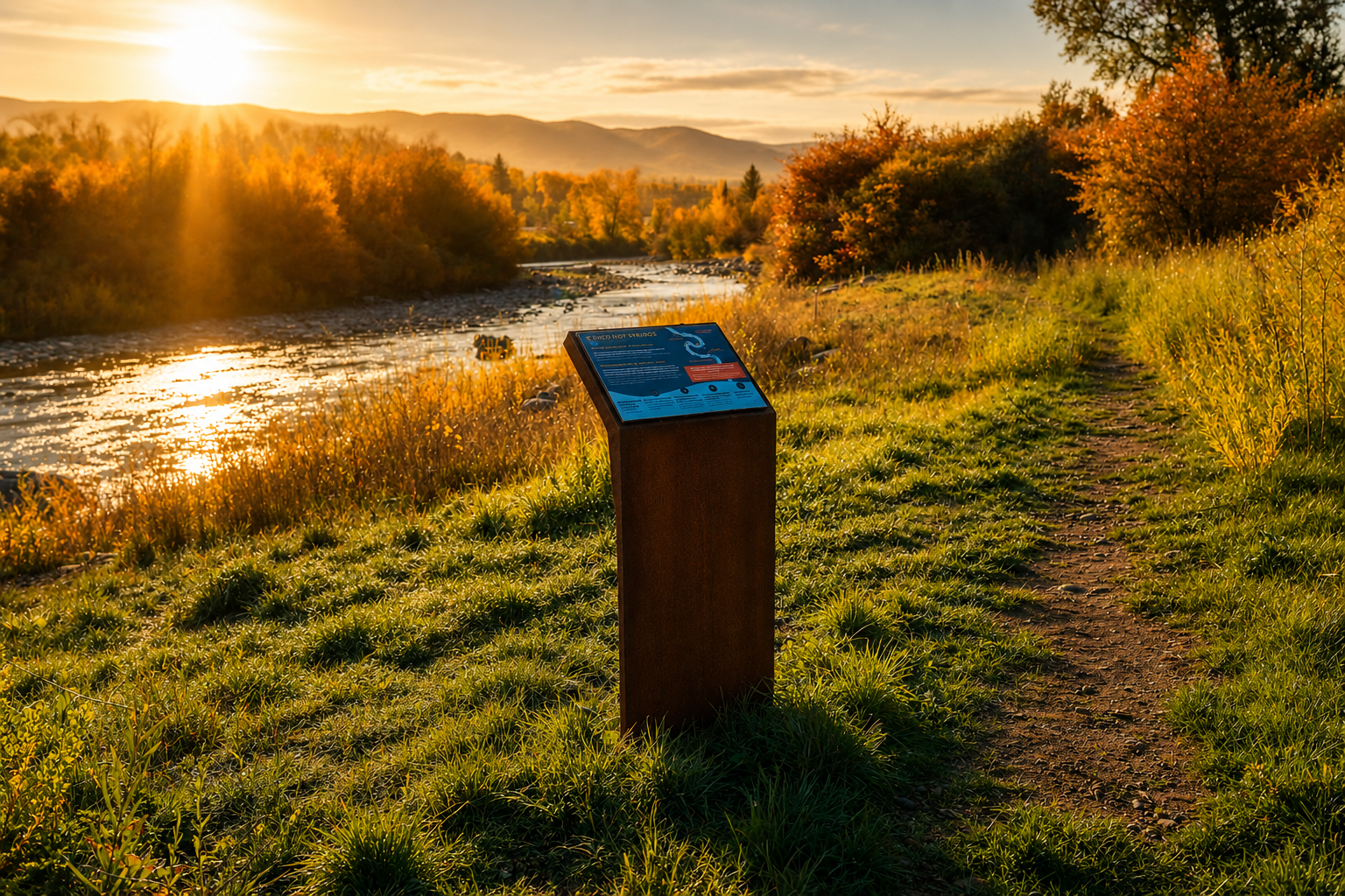 Corten steel interpretive sign along the Crystal River with Rocky Mountain backdrop at sunrise, Carbondale, Colorado.

An angled corten steel interpretive panel overlooks the Crystal River in Carbondale, Colorado, positioned on a grassy bank with a g