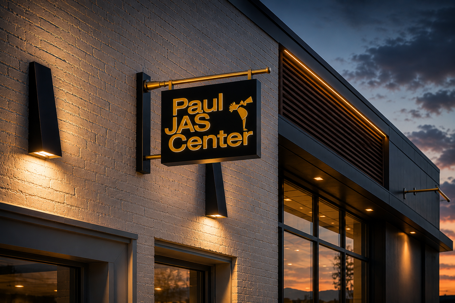Paul JAS Center blade sign with jazz musician icon mounted on painted brick at dusk Caption: Exterior flag-mounted blade sign for the Paul JAS Center in downtown Aspen, Colorado, featuring the venue's custom musician mark and brass mounting hardware,