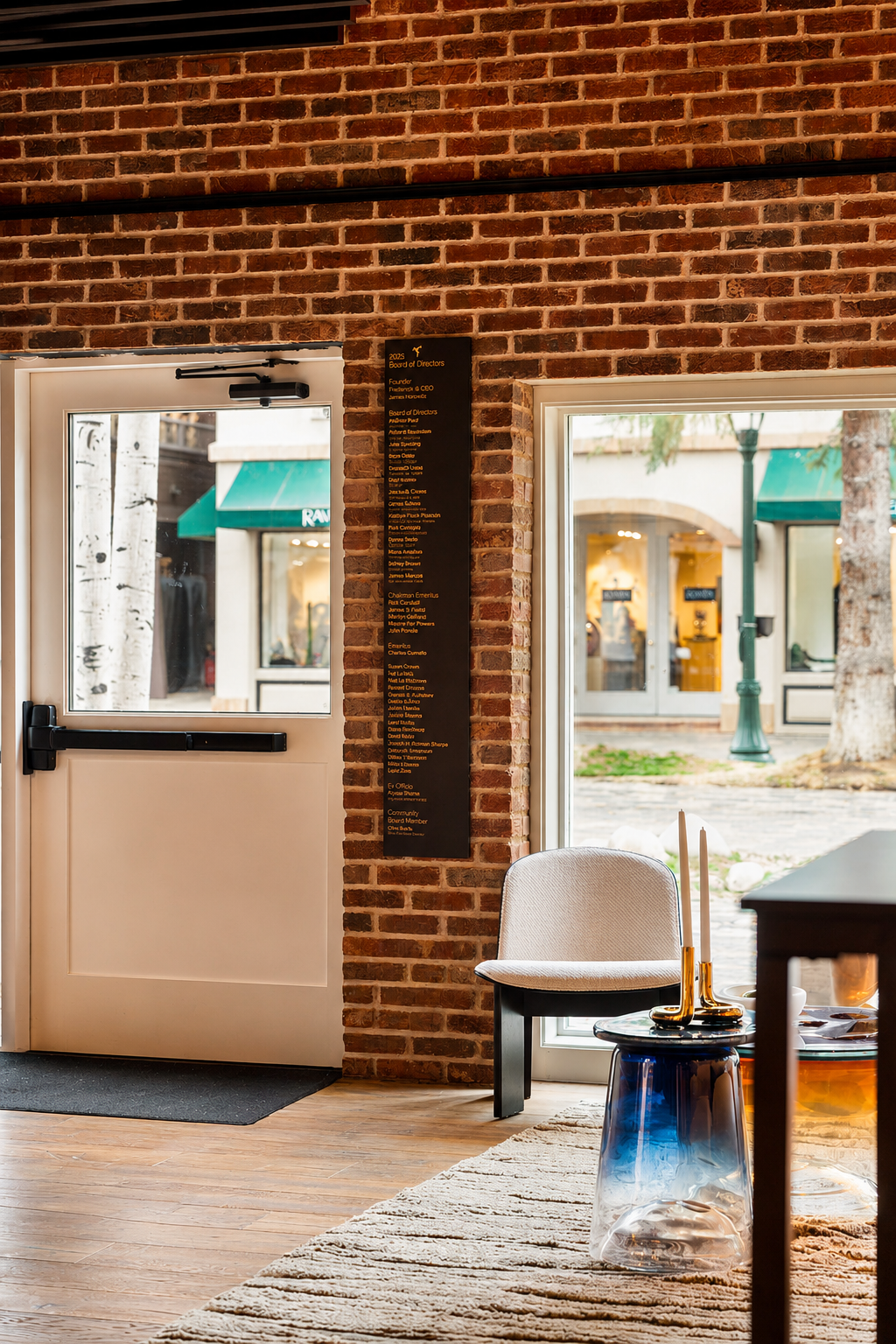 Board of Directors donor recognition sign on exposed brick pillar at the Paul JAS Center entrance Caption: Etched Board of Directors donor recognition signage at the Paul JAS Center, mounted directly onto a historic brick pillar near the venue's stre