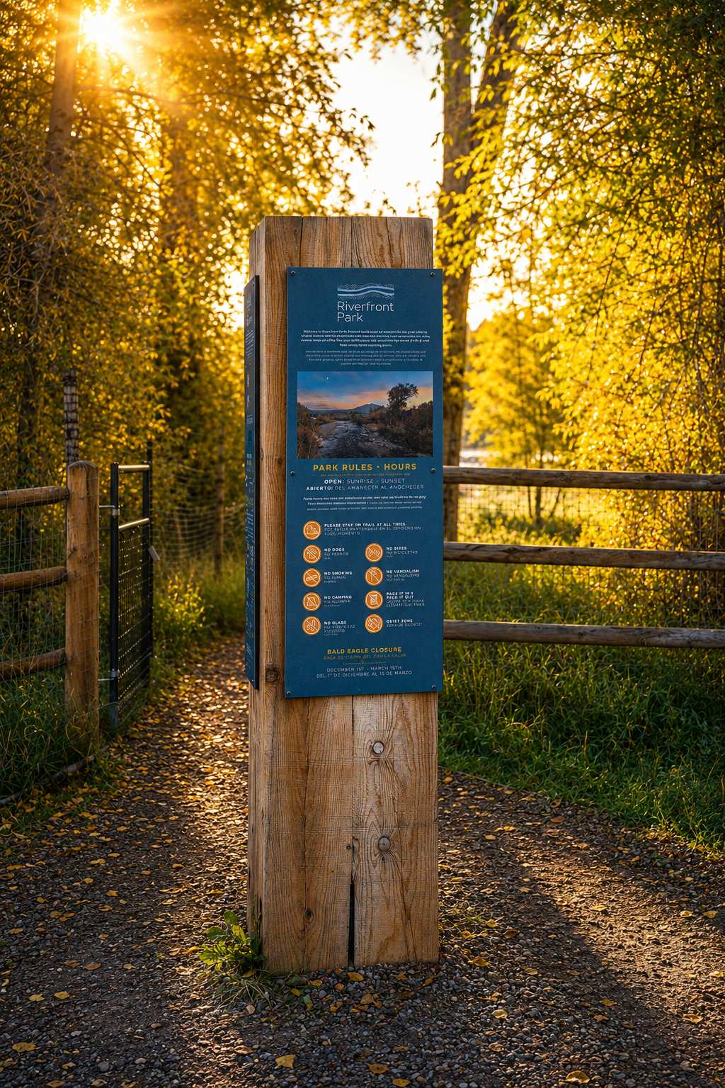 Riverfront Park wooden trailhead sign with bilingual park rules and hours, Carbondale, Colorado.

A timber-post kiosk marks the entrance to Riverfront Park in Carbondale, Colorado, part of the Crystal River Interpretive Signage Program. The bilingual