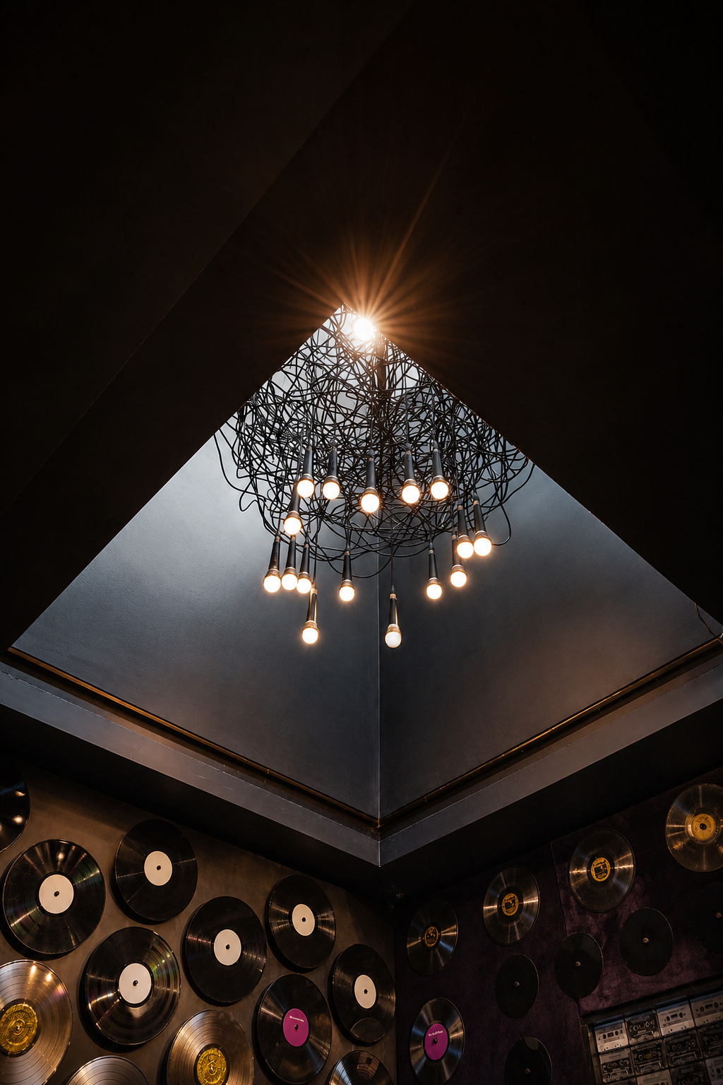 Wire chandelier viewed from below inside a pyramid skylight above the Paul JAS Center's record wall Caption: Upward view of the Paul JAS Center's custom wire chandelier within its pyramid skylight, positioned directly above the gold and platinum reco