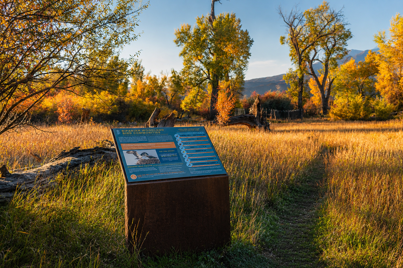 Riparian Woodland Bird Communities interpretive sign featuring an osprey, Crystal River trail, Carbondale, Colorado.

This corten steel interpretive sign, titled "Riparian Woodland Bird Communities," highlights osprey and other bird species that nest