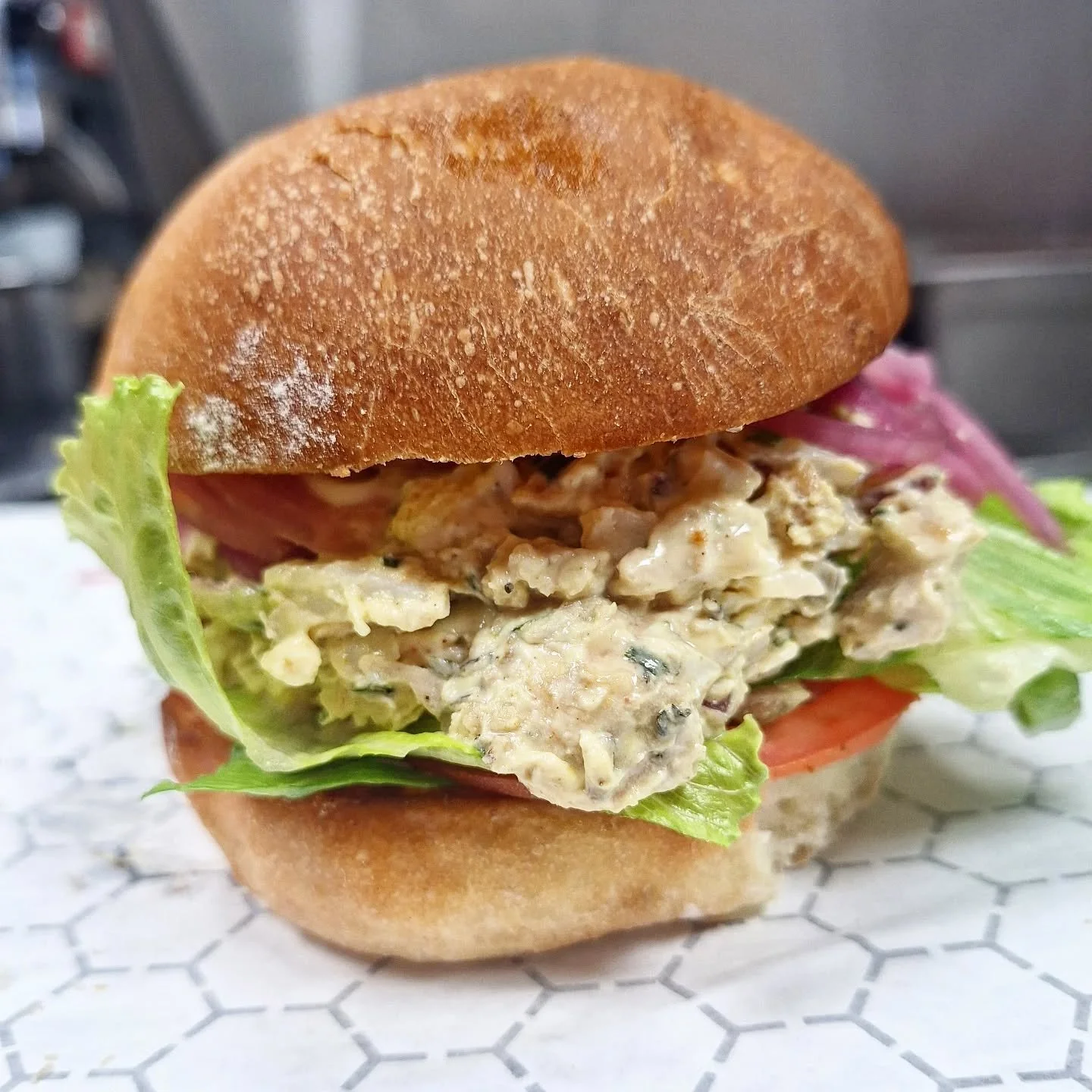 Chicken &amp; Egg Salad 
*******************************************

Locals favorite. 
Brioche Bun (but you can pick your own bread)
Chicken &amp; Egg salad 
Pickled onions (optional)
Tomatoes 🍅 
Lettuce 
Mayo 

*********************************
Co
