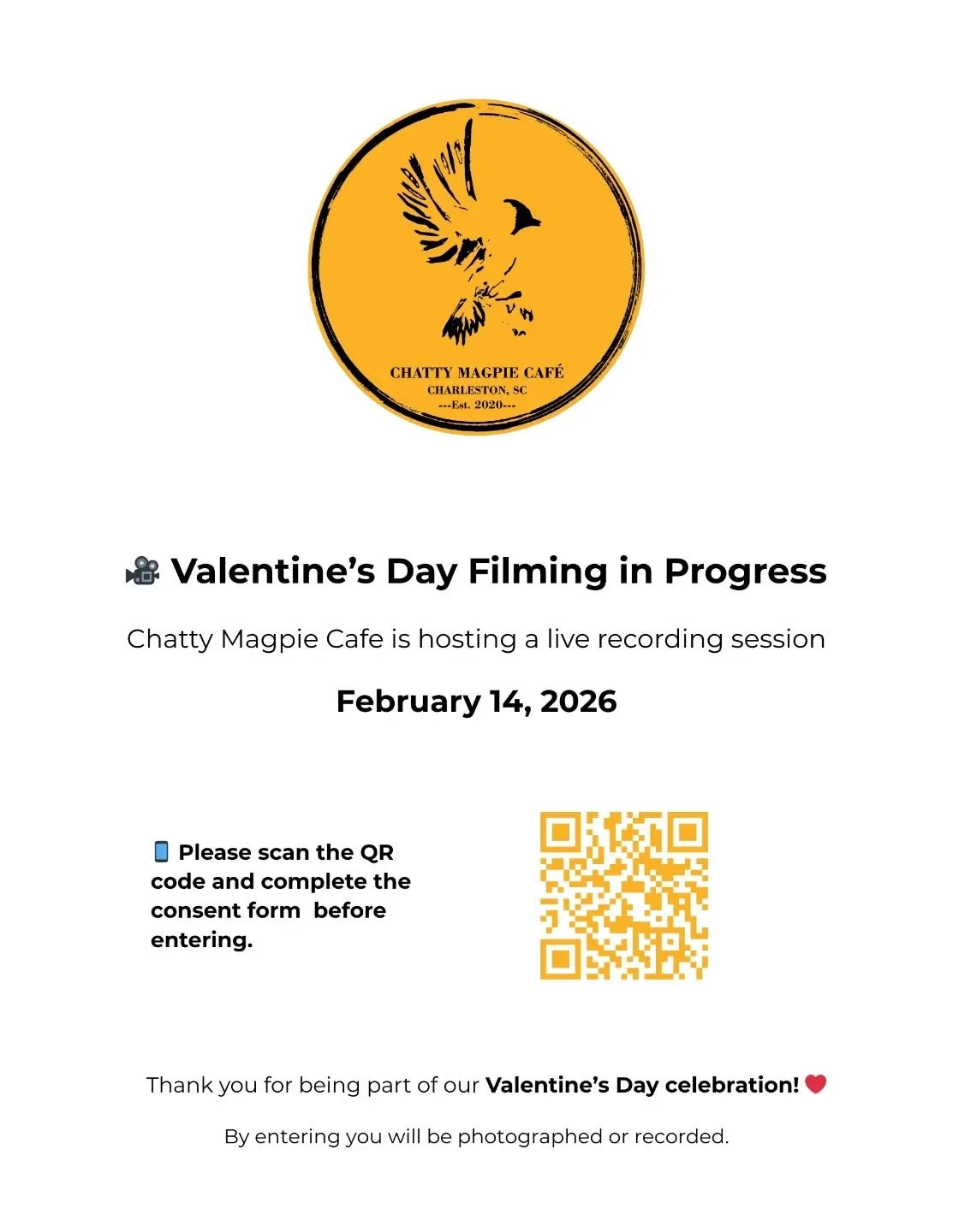 GREETINGS OUR FRIENDS!

WE'RE DELIGHTED TO SHARE THAT OUR COFFEE SHOP HAS BEEN SELECTED FOR LIVE RECORDING SESSION ON FEBRUARY 14TH 2026, WITH A REPUTABLE LOCAL CHARLESTON FILM PRODUCTION STUDIO. 

Content creation studio will be at Chatty Magpie  Ca