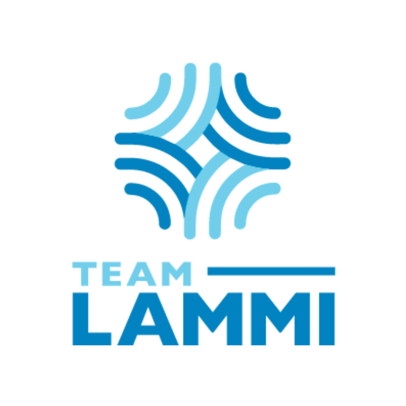 Logo for Team Lammi with abstract blue wave design and text in different shades of blue.