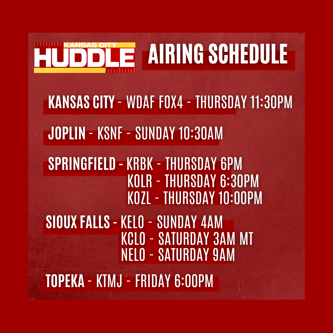 Schedule of tv station airing times for various cities in Kansas, including Kansas City, Joplin, Springfield, Sioux Falls, and Topeka, with station call signs and broadcast days and times.