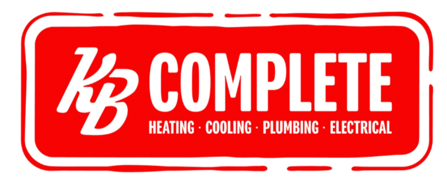 K&B Complete logo on a red background with services listed: heating, cooling, plumbing, electrical.