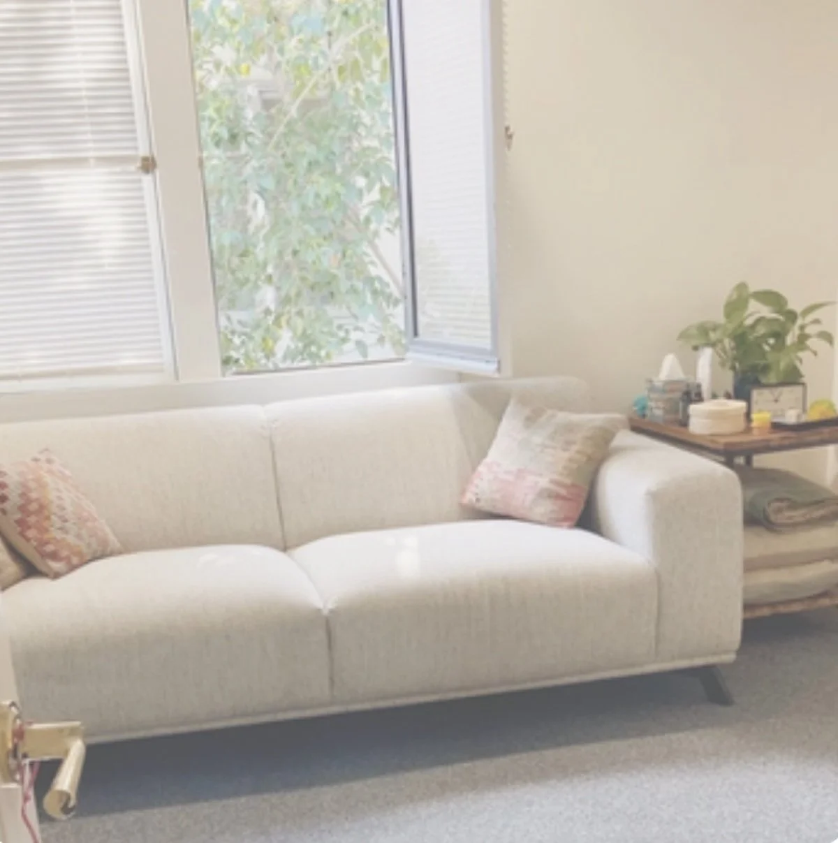 Therapy office in South Pasadena with a cream-colored sofa, decorative pillows, plants, and greenery visible through the window.