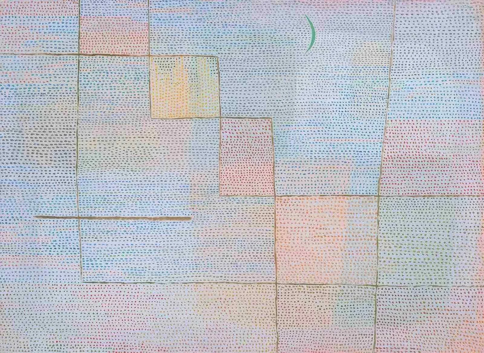 Colorful dotted landscape painting with pastel rectangular sections outlined in black, reflecting artistic creativity and expression.