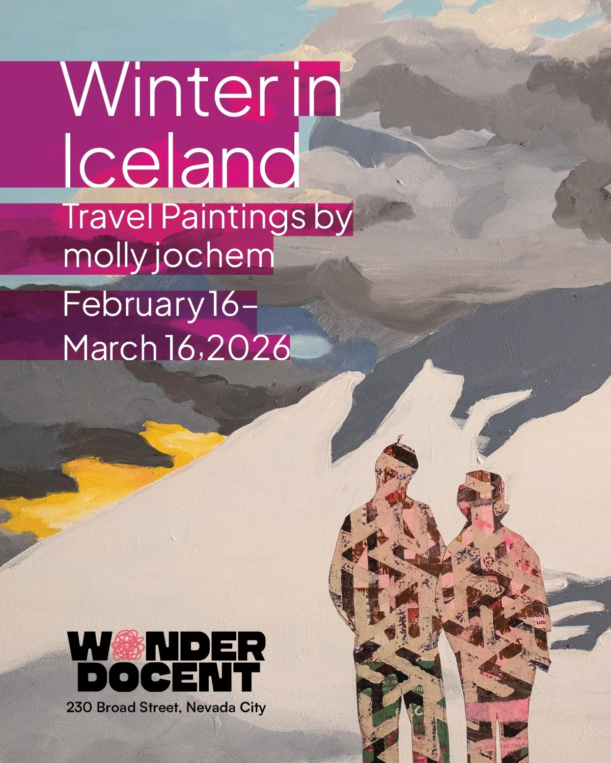 A poster with the same show information posted here, laid over a painting of two figures in Iceland