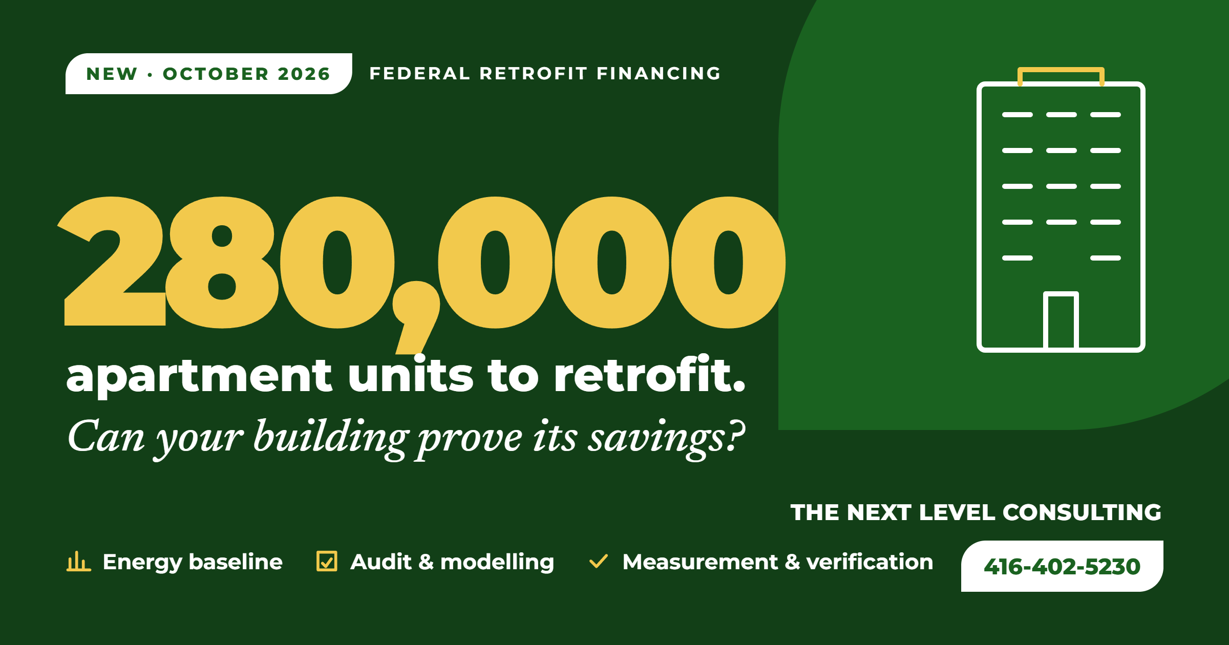 280,000 apartment units to retrofit: new federal retrofit financing for Ontario apartment buildings, The Next Level Consulting