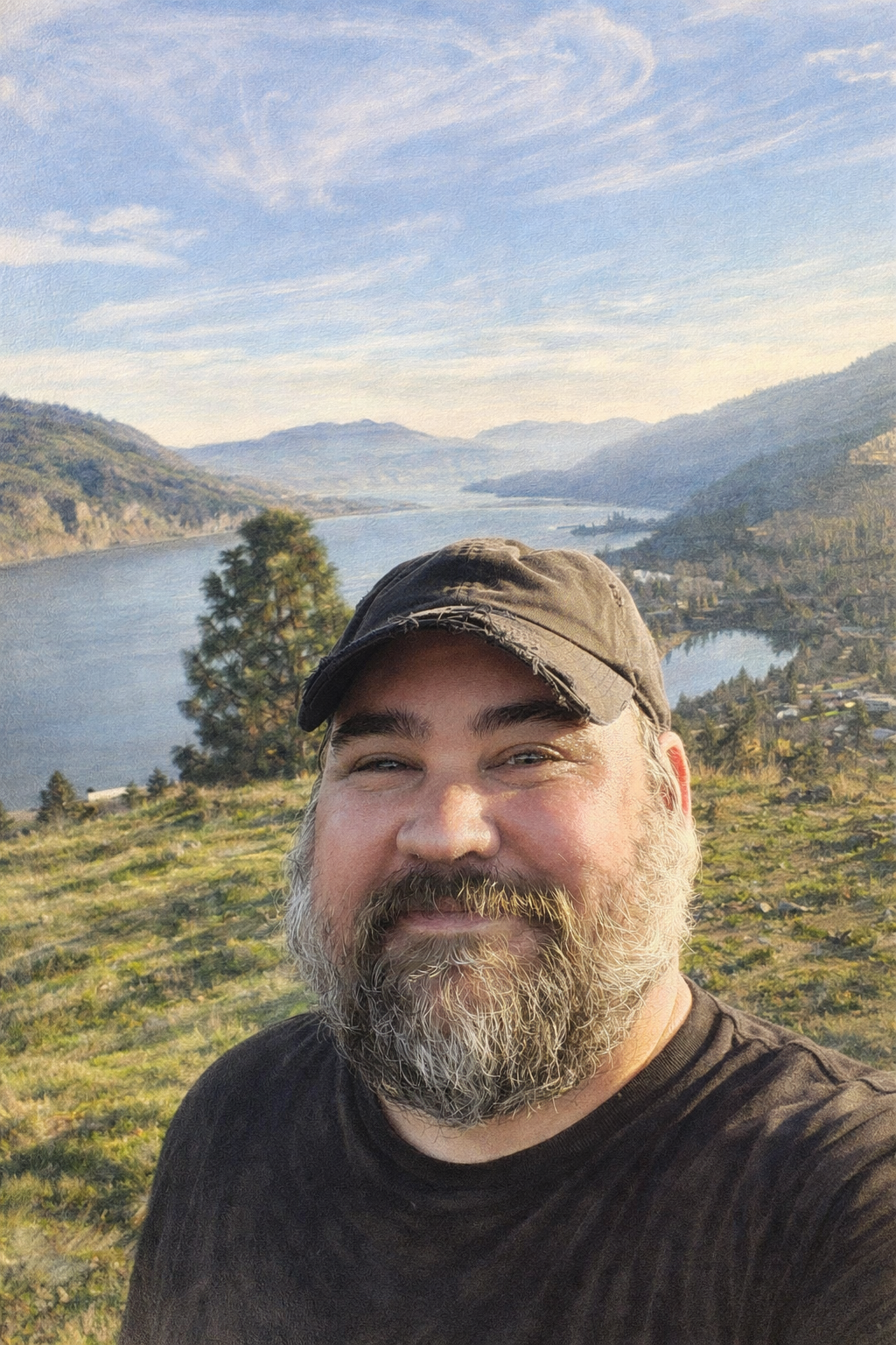 A smiling man wearing a worn baseball cap takes a selfie outdoors. Behind him is a scenic landscape featuring a large lake surrounded by mountains and trees, with a partly cloudy sky overhead.