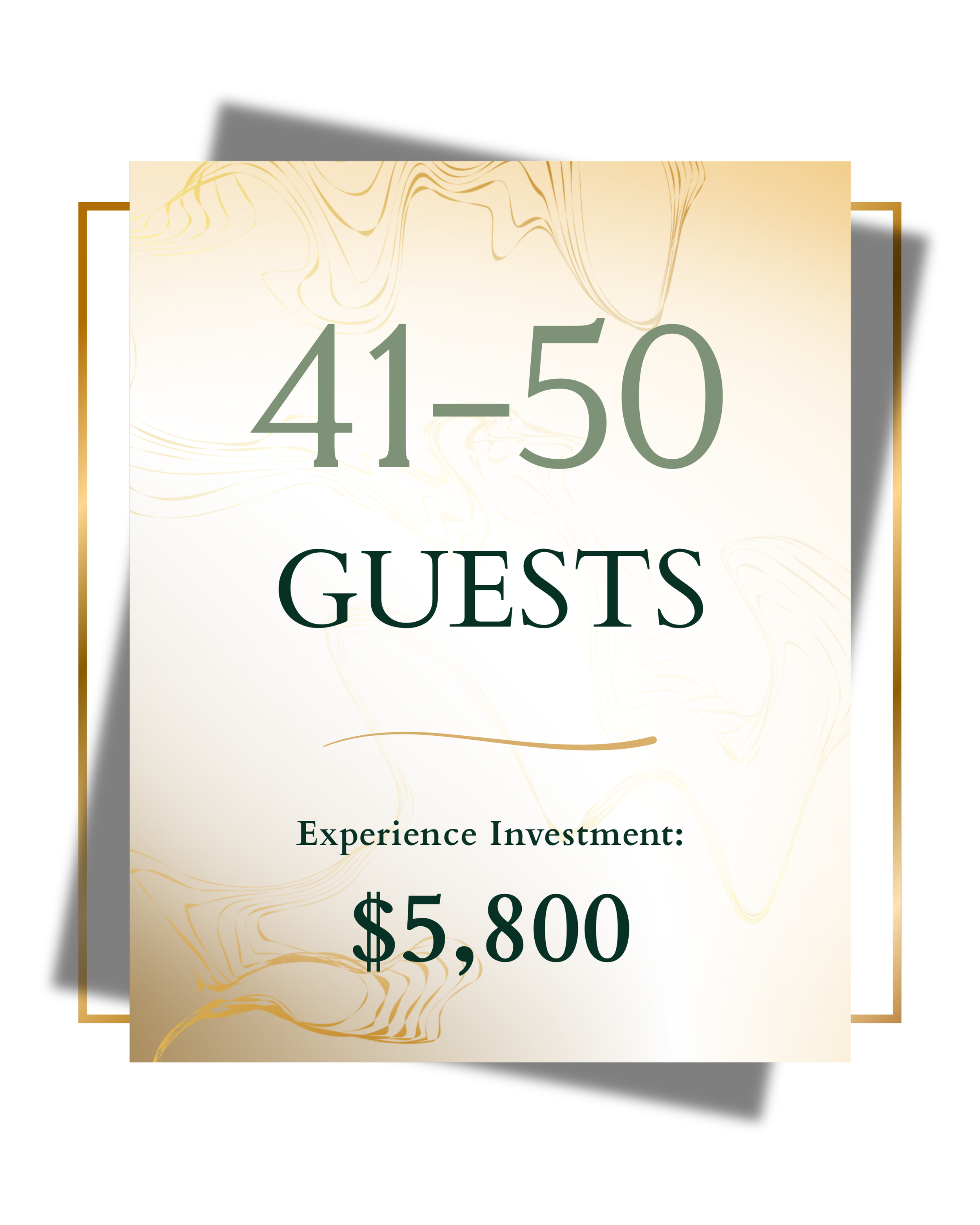 A graphic displaying an event date of April 41-50, with details about guest experience investment priced at five thousand eight hundred dollars.
