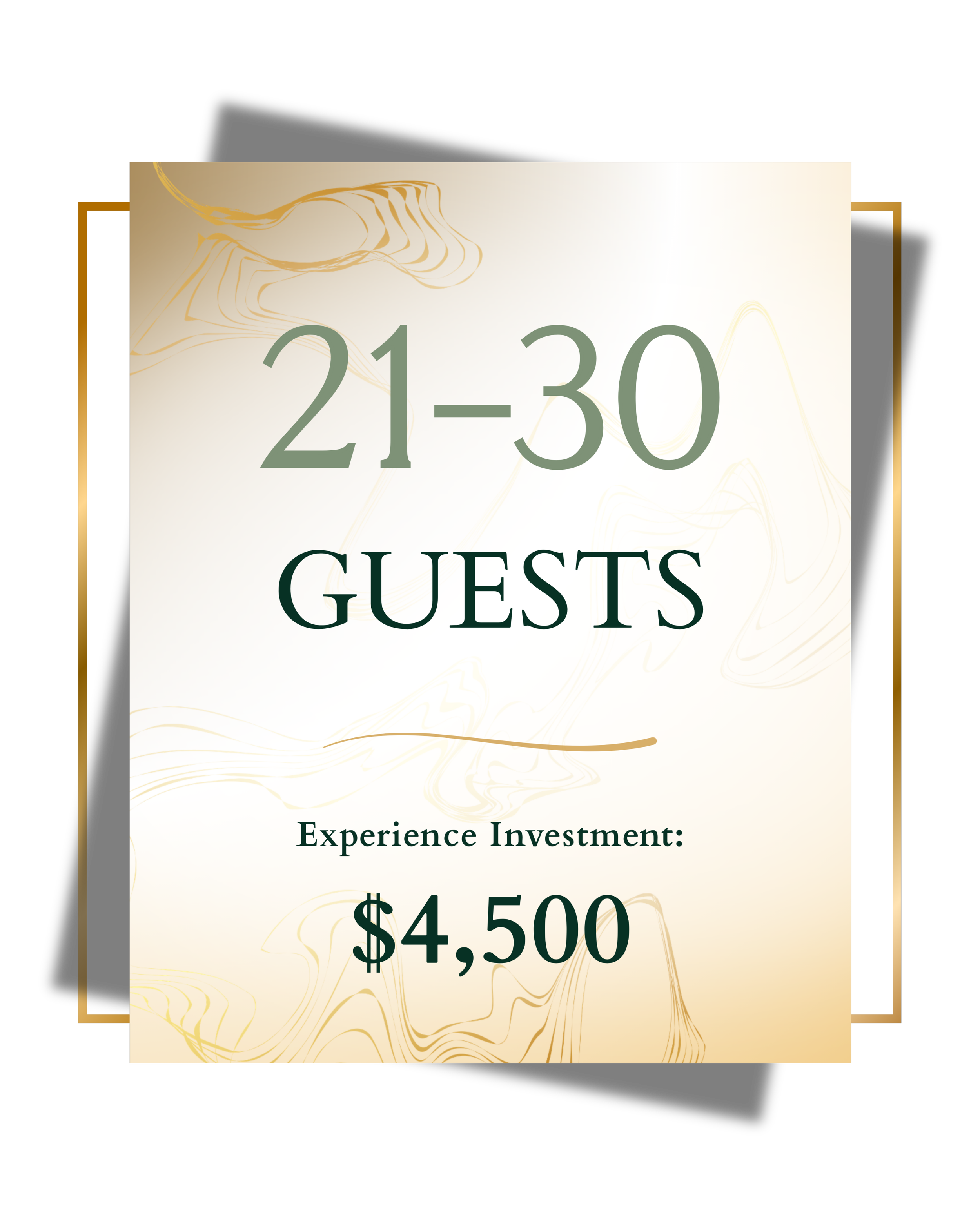 A promotional flyer advertising a guest experience investment opportunity with a price of $4,500, featuring a gold and cream color scheme with artistic line accents.