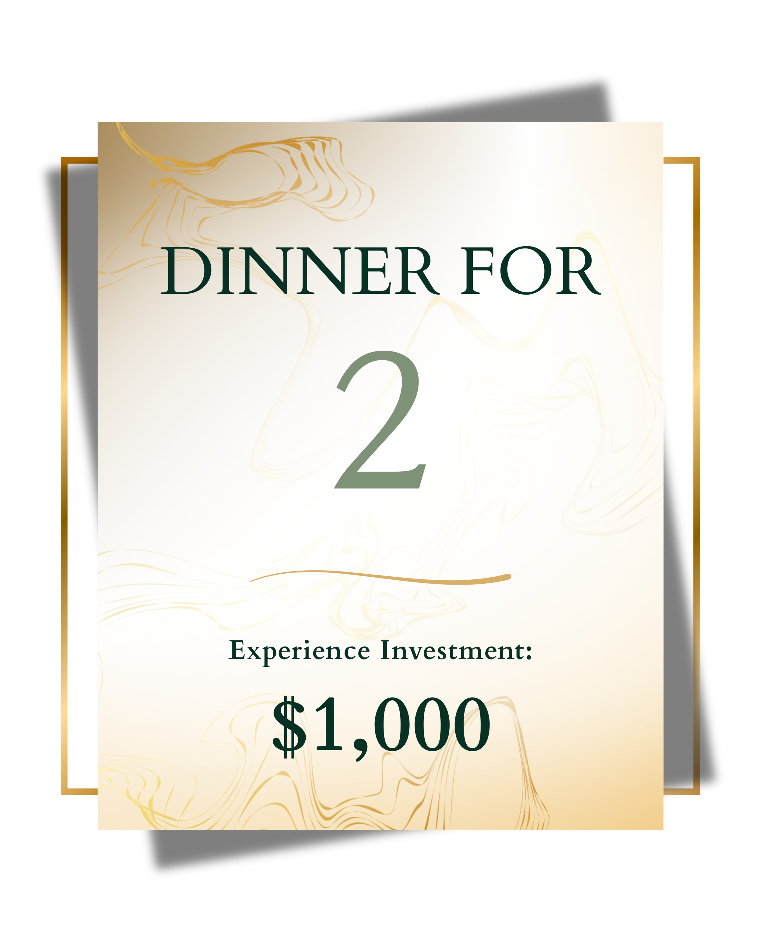Two overlapping investment certificates with gold borders; the front certificate shows a value of $1,000 with the text 'Dinner for 2' and 'Experience Investment' above.