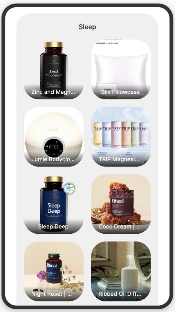A digital screen displays various sleep-related products, including supplements, a silk pillowcase, a body clock, a magnesium drink, a deep sleep supplement, a coconut-based sleep product, a night reset supplement, and a ribbed oil diffuser.