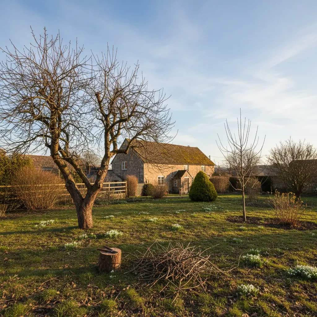 Sodas su pora vaismedžių, įvairiais krūmais ir namu fone, gražų pavasario rytą.