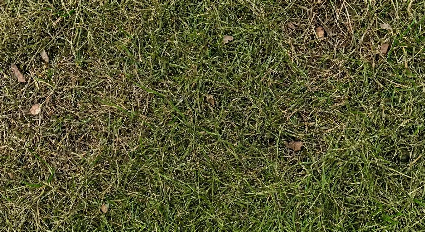 Iš viršaus ir iš arti nufotografuota veja su negyvos žolės veltinio sluoksniu po žiemos.