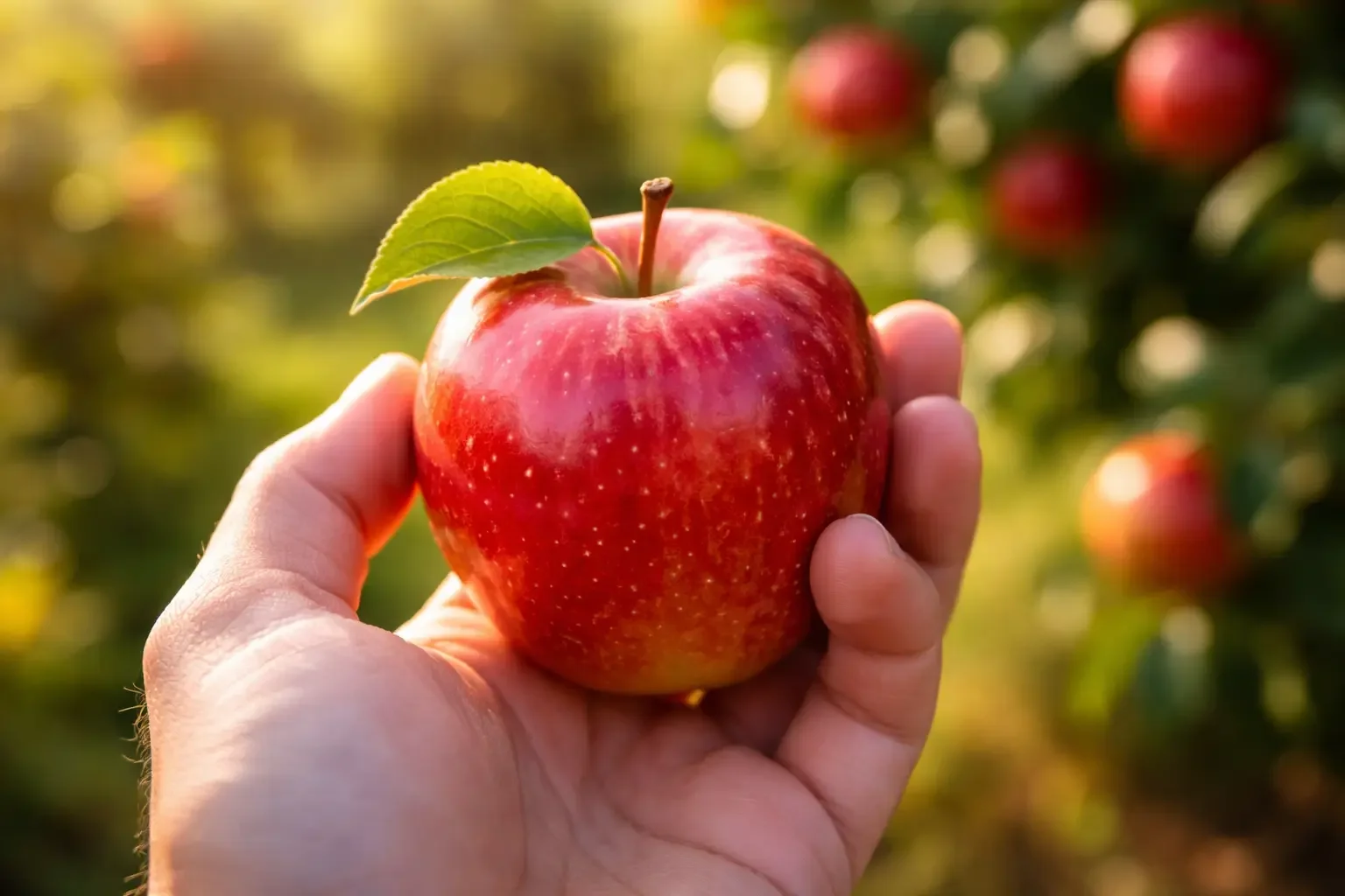 Gražus, raudonas obuolys laikomas rankoje.