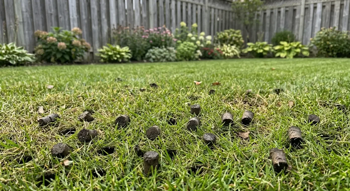 Ant vejos išbarstyti dirvožemio kamšteliai po aeravimo.