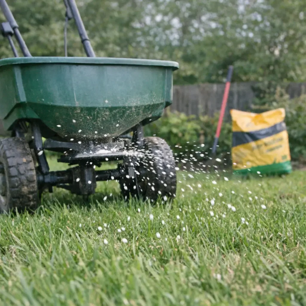 Iš arti nufotografuotas vejos trąšų barstytuvas veiksme.